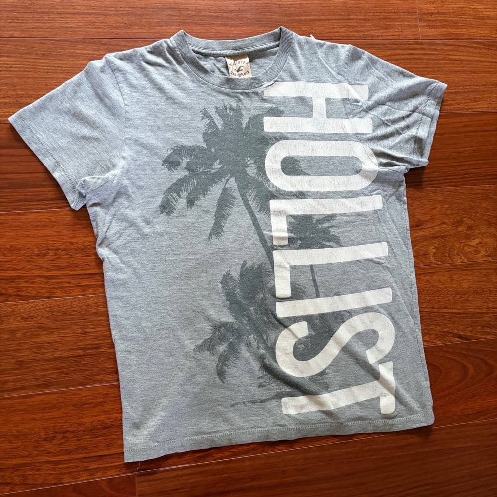Y2K Hollister California T-Shirt Gray AOP Palm Tree Spellout Surf Streetwear S